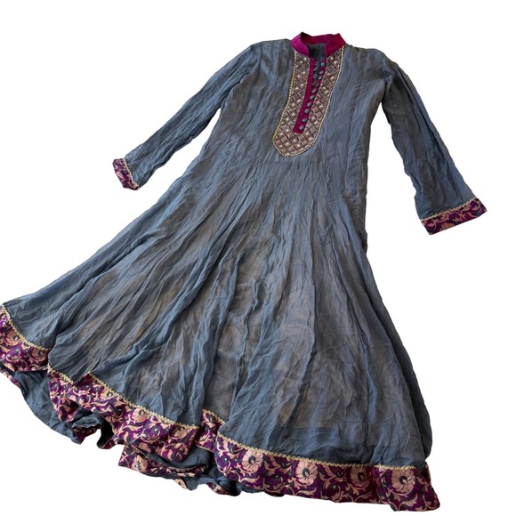 Vintage Indian Anarkali Long Tunic Dress Gray Magenta Beaded Embroidered Size 38 - Picture 8 of 16